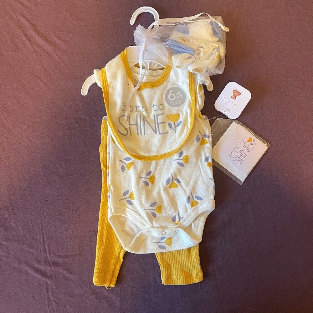 NWT 0/3mon baby girl outfit - Yellow pants, flowered onesie, bib, headband, sock